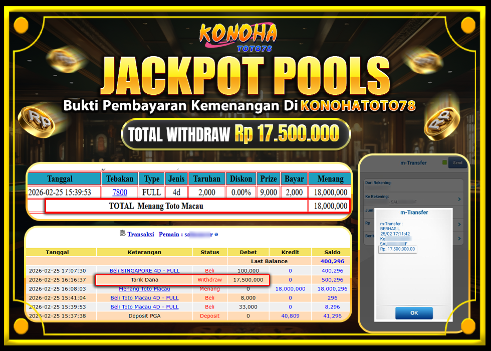 KONOHATOTO78 JACKPOT TOGEL PASARAN TOTOMACAURp.17.500.000,-LUNAS